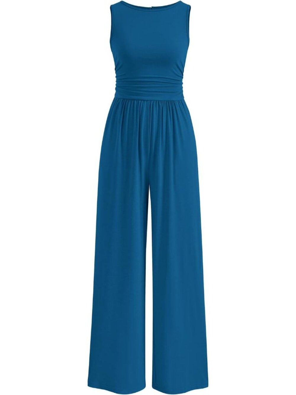 Women's Jumpsuits Lake Blue Crewneck Casual Sleeveless Outfit Wide Leg Rompers